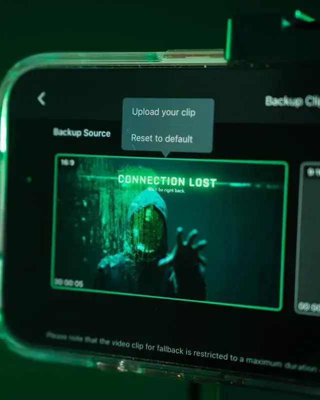 TVU Go backup clip settings showing a connection lost clip